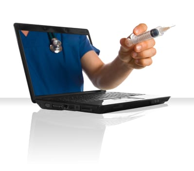 A doctor's hand holding a syringe through a laptop