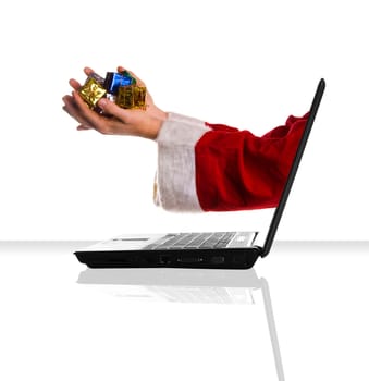 a single laptop on a white table and background for xmas