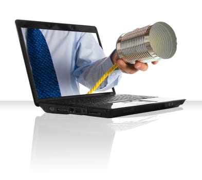 a hand giving a tin can phone through a laptop