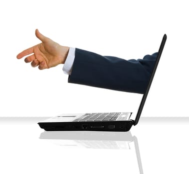a hand giving his hand from a laptop