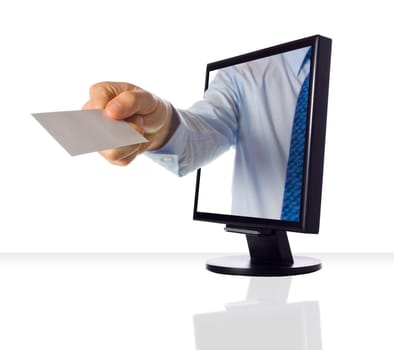 Hand sticking out of a computer monitor