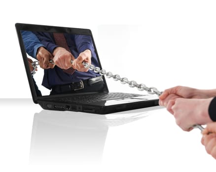 a black laptop computer with a tug of war