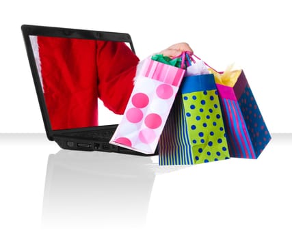 a black laptop computer with santa giving presents