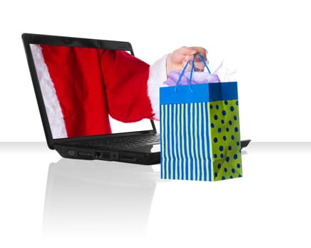 a black laptop computer with santa clause giving gifts