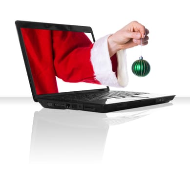 a black laptop computer with a red santa