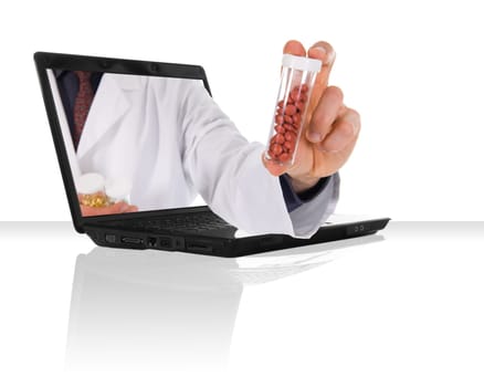 a black laptop for an online pharmacy
