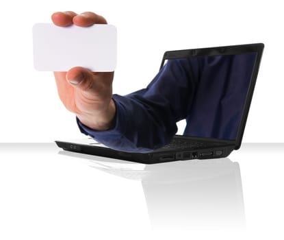 a black laptop computer with a hand and card
