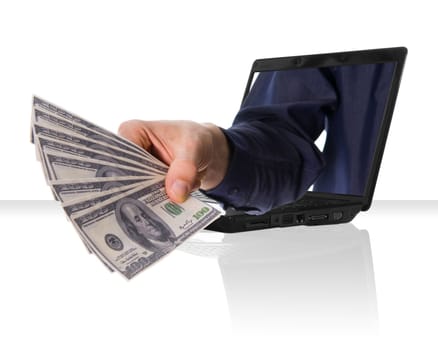 a black laptop computer with a hand and money