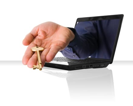 a black laptop computer with a hand and gold key
