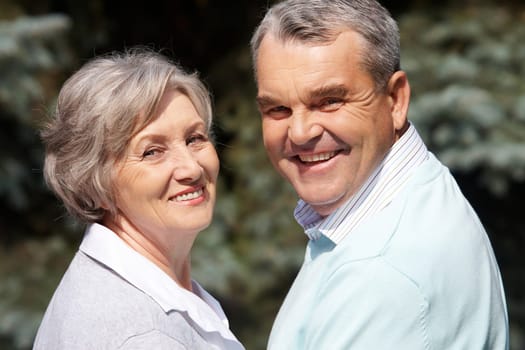 Portrait of happy senior couple looking at camera on sunny day