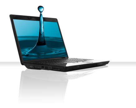 a black laptop computer with a drop pf water