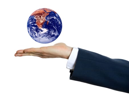 male hand palm up on white background with planet