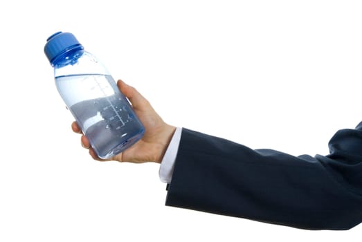 arm holing water bottle on isolated background