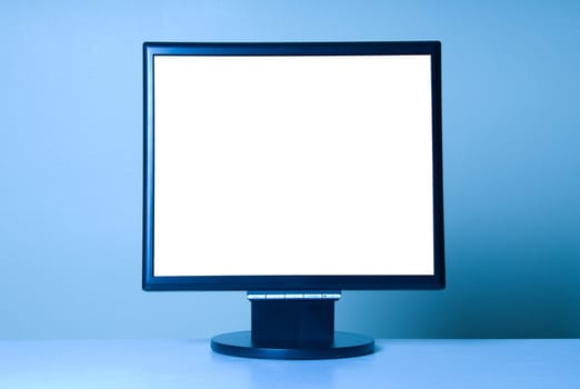 stand alone computer screen on blue