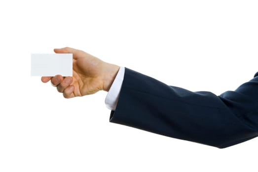 hand of businessman holding a blank card