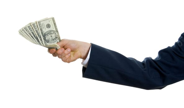 man in blue suit holding us money to give