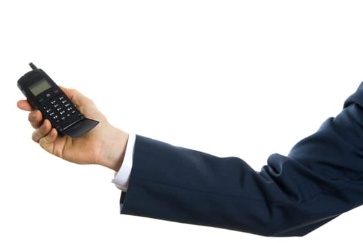 arm of man in blue suit holding a phone