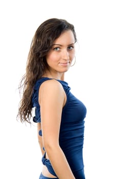 Young charming woman looking at camera over white background