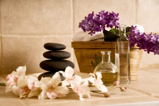 day spa products like lastone stones, flowers and oil