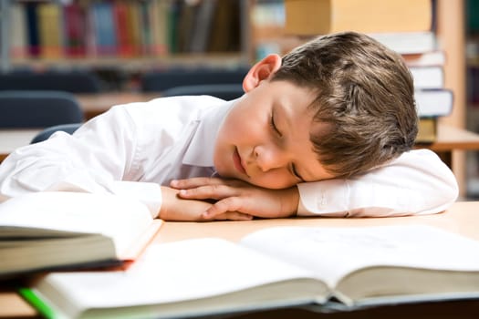 Image of young boy sleeping near books in the library