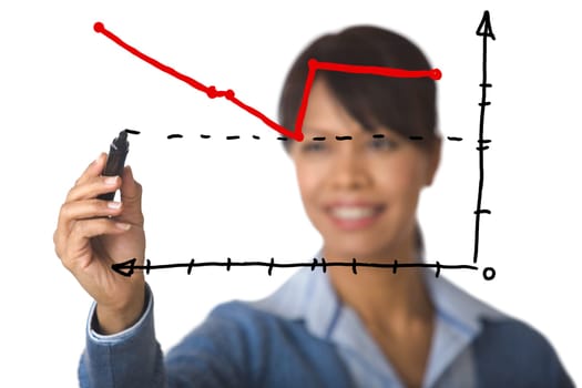 Photo of graph drawn by businesswoman with highlighter at background