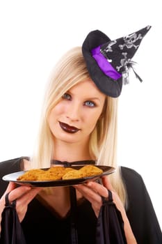 Image of witch with tray of biscuits on white background