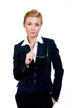 Portrait of elegant businesswoman in black suit on white background