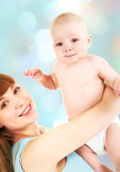Image of pretty woman with her little baby on white background