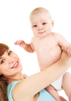 Image of pretty woman with her little baby on white background