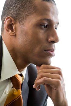 Thinking specialist touching his chin over white background