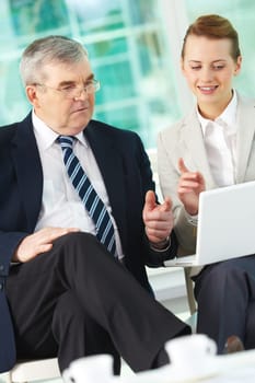 Portrait of boss and employee working with laptop in office