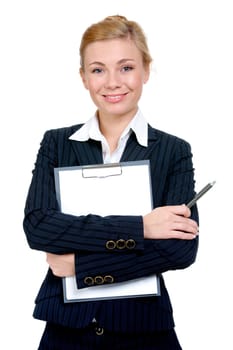Photo of pretty employer with clipboard and pen in hand smiling at camera