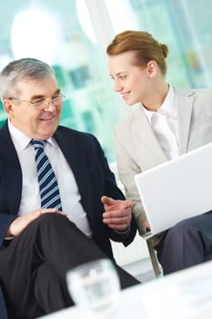 Portrait of boss and employee working with laptop in office