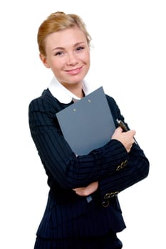 Photo of pretty employee with folder and pen in hand smiling and looking at camera