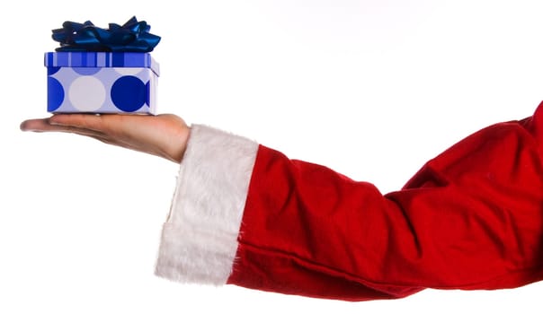 santa clause holding a blue box present