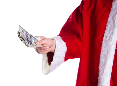 Santa clause giving away some money on white