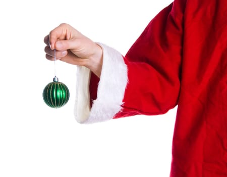 santa clause giving a xma green ball ornament