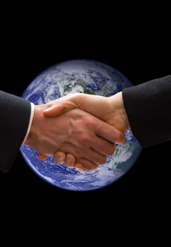 hand shake with the earth in the background