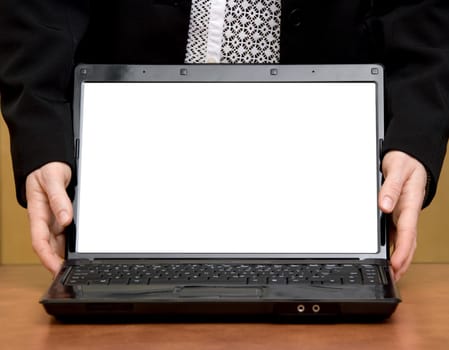 business person's hands holding a laptop white