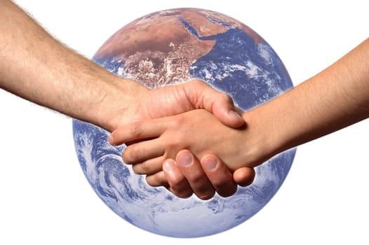 shaking hands with planet earth in background