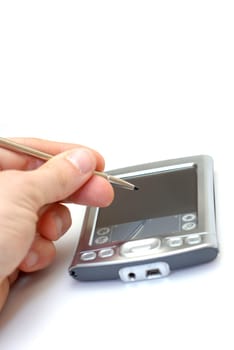 man writing on a pda