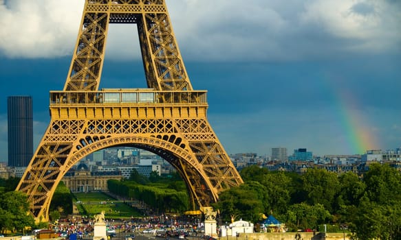Eiffel Tower in Paris with a rainbow