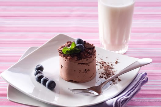 Chocolate Moose dessert on a white plate with milk