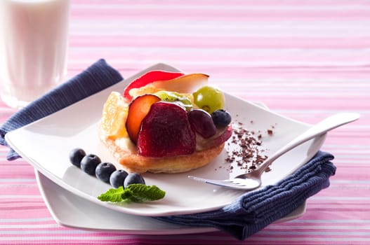 Fruit Tart on a white plate on a table