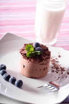 Chocolate Moose dessert on a white plate with milk