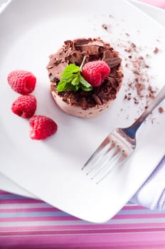 Chocolate Moose dessert on a white plate with milk