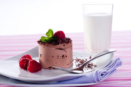 Chocolate Moose dessert on a white plate with milk