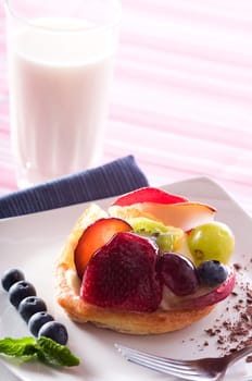 Fruit Tart on a white plate on a table