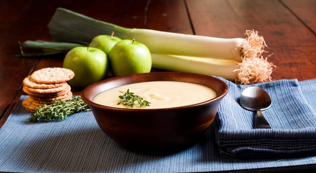 Apple and Leek Soup on a rustic table