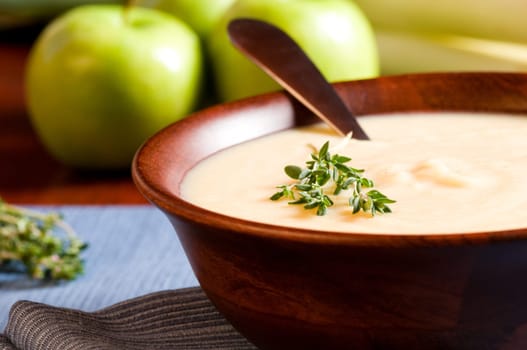 Apple and Leek Soup on a rustic table